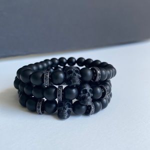 Matte Black Onyx and Black CZ Skull Bead Bracelet
